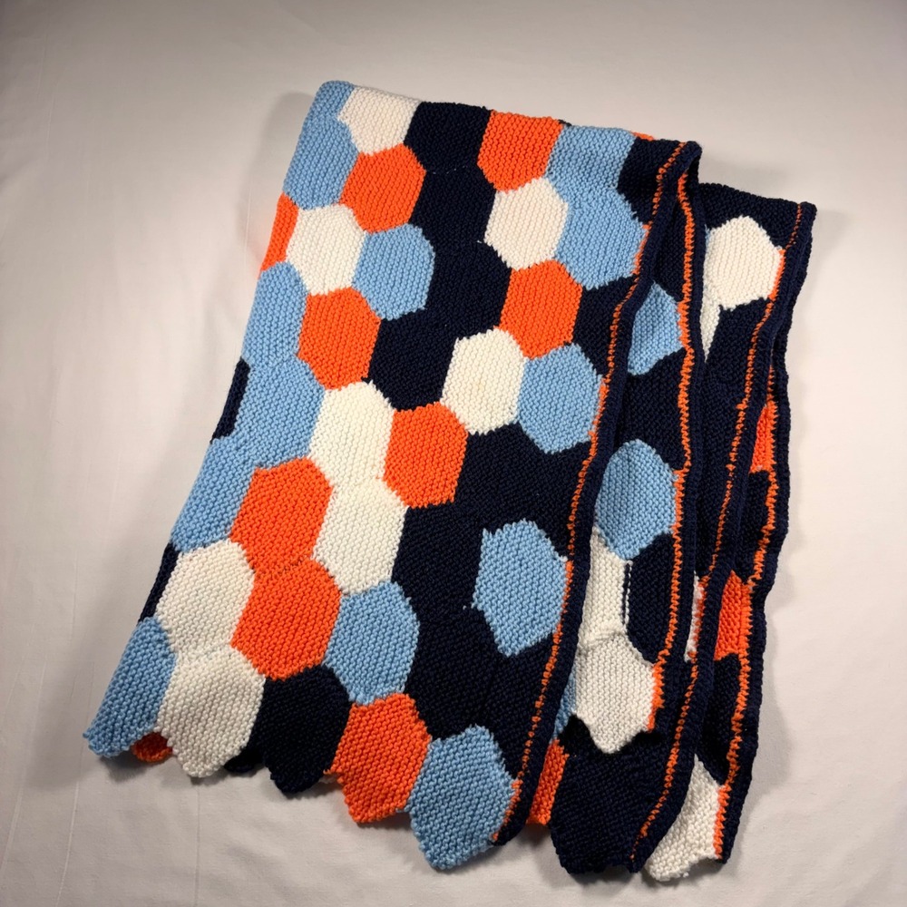 Handmade Knit Geometric Blanket Throw Navy Orange Blue White Honeycomb 44x32
